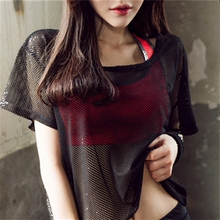 t恤罩衫 跑步运动防晒速干上衣黑网纱女 春夏瑜伽服健身房透明长袖