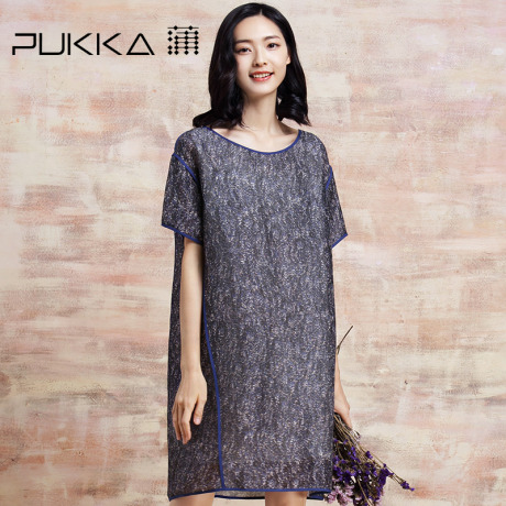Pukka/蒲牌2017夏装新款原创设计大码女装圆领印花真丝麻连衣裙商品大图