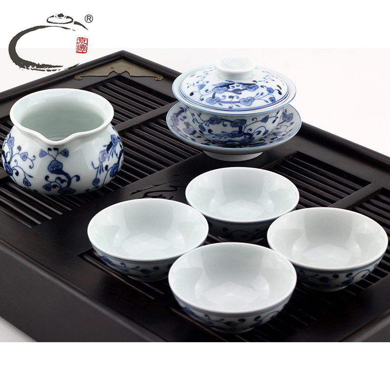 贵和祥手绘茶具套装景德镇青花功夫茶具陶瓷茶杯盖碗整套灵芝套组