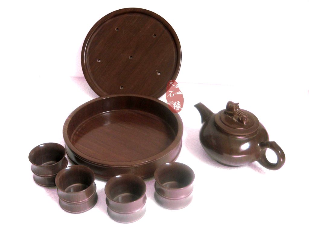[木石缘]天然 养生木鱼石茶具套装 茶壶 茶杯 茶盘 产地礼品 包邮