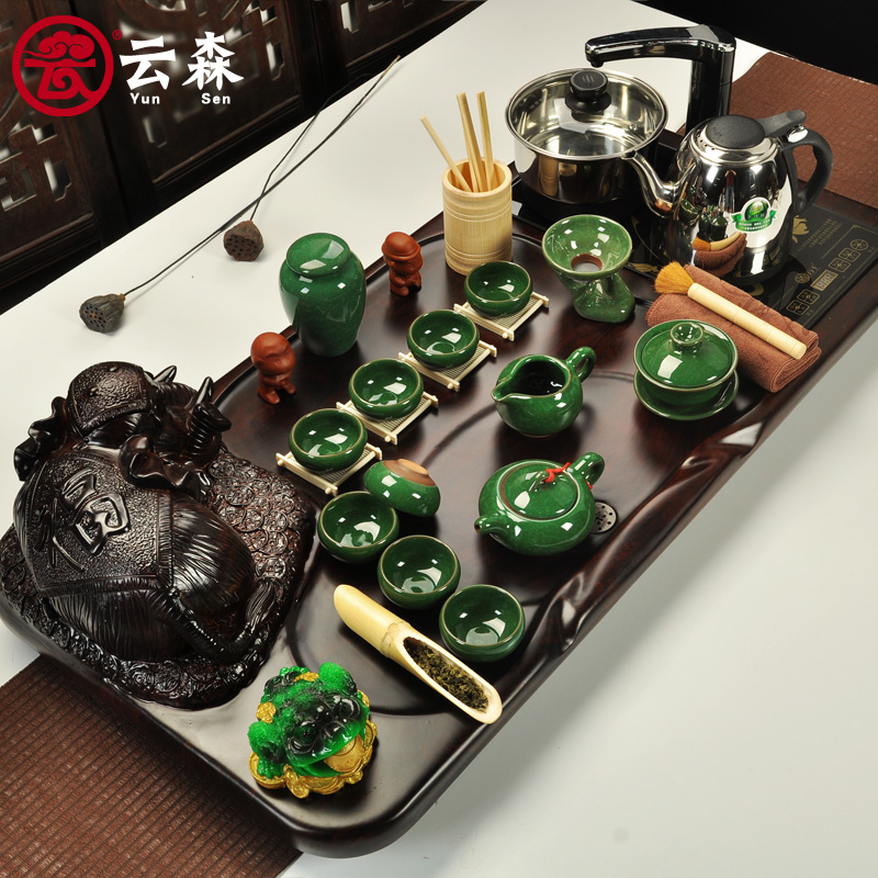 云森茶具套装特价整套紫砂功夫茶具茶盘汝窑茶具茶台四合一电热炉