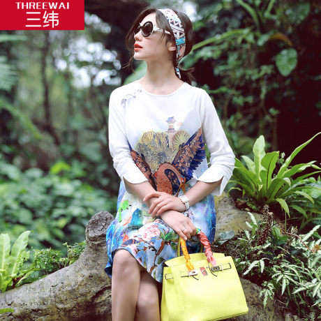 三纬2018春夏装新款中国风复古印花衬衫裙真丝连衣裙中长款长袖女商品大图
