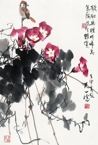 国画花鸟画客厅 字画书画作品书法装饰画王天一 牵牛花麻雀赠装裱