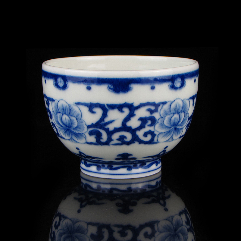 京德珍藏茶杯 贵和祥手绘茶杯 青花缠枝牡丹高杯子 精品功夫茶具