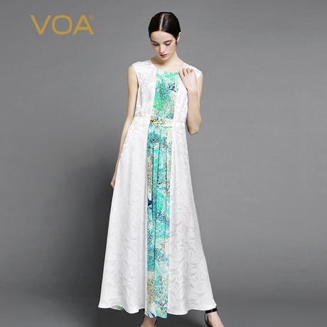 VOA真丝薄荷绿月光白相间提花圆领无袖风琴褶收腰清爽婉约连衣裙商品大图