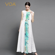 VOA真丝薄荷绿月光白相间提花圆领无袖风琴褶收腰清爽婉约连衣裙图片