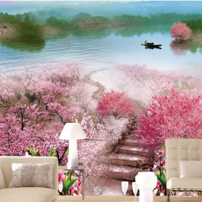 三生三世十里桃花电视背景墙壁纸3d山水风景墙纸餐厅卧室无缝壁画