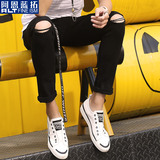 alt薄款膝盖破洞牛仔裤男九分小脚修身港风韩版潮流百搭乞丐黑色