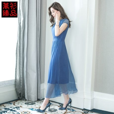 万衫臻品2017夏季新款斜肩V领短袖桑蚕丝真丝连衣裙高腰长裙A字裙商品大图