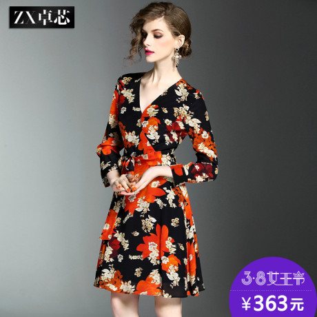 卓芯2017春装新款复古真丝印花连衣裙女收腰中裙修身显瘦A字裙商品大图