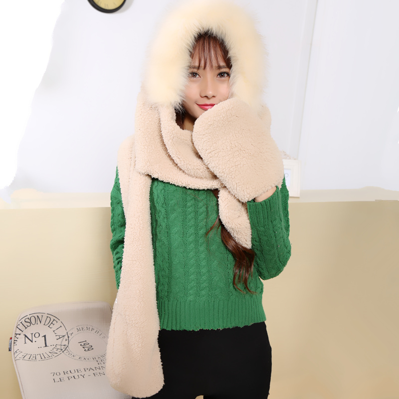 韩国冬季保暖女士毛绒围脖可爱加厚毛线围巾连帽子手套三件一体