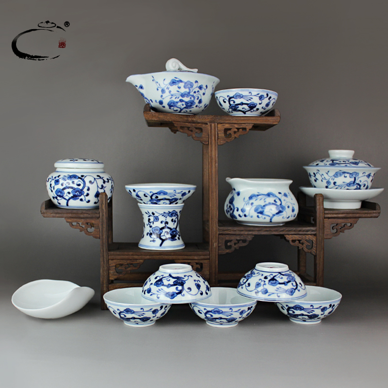 贵和祥整套功夫茶具套装 景德镇手绘陶瓷茶具套组 青花瓷盖碗茶杯