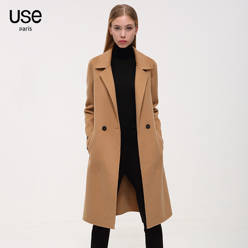 USE2016春装新款欧美驼色双面呢大衣女直筒修身系带长袖毛呢外套