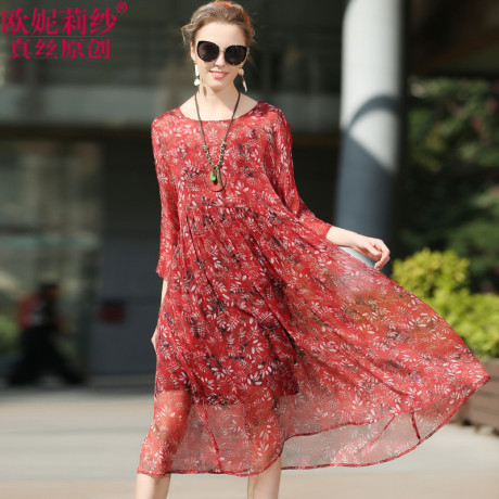 Oulileisha/欧妮莉纱印花真丝连衣裙夏装新款商品大图