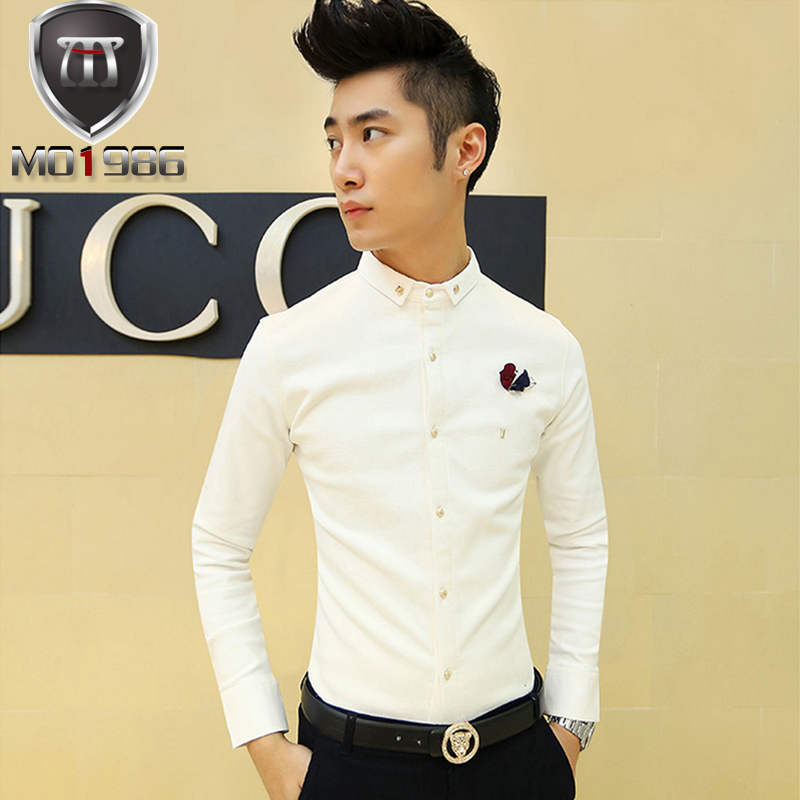 MO1986韩版男装拼接加绒衬衫男长袖修身型免烫加厚纯棉白色衬衣潮