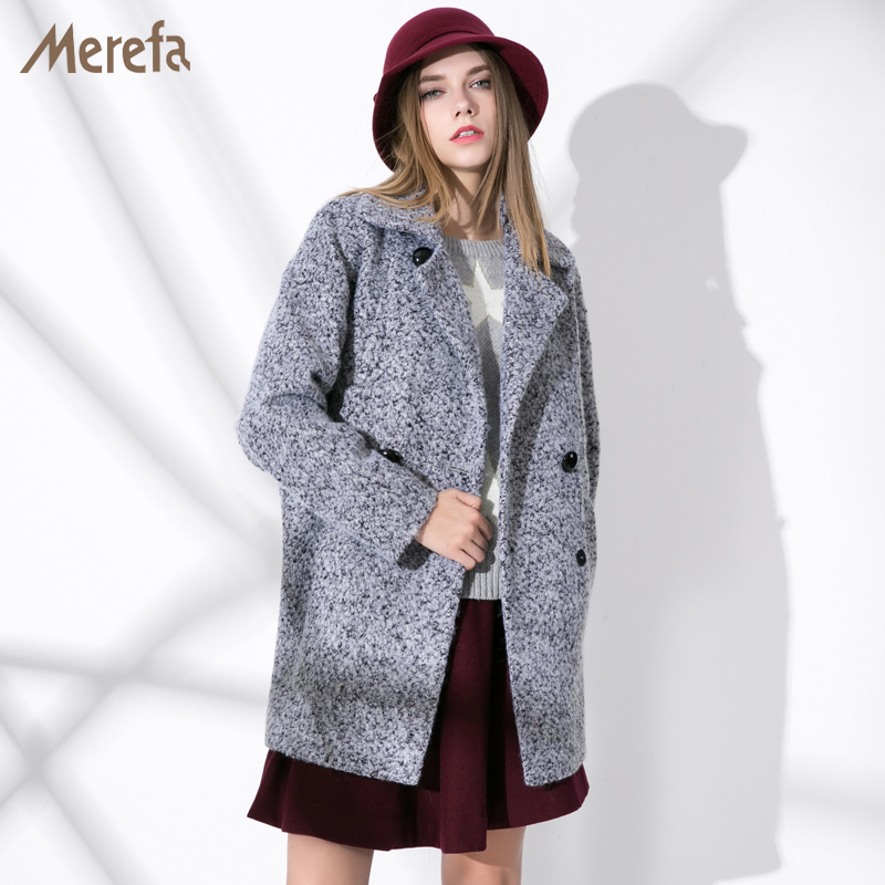 merefa2015冬季新品羊毛呢外套女 茧型双排扣中长款加厚呢子大衣
