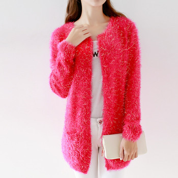 甜美亮丝毛绒口袋针织<em>开衫长</em>版低<em>圆领</em>毛衣外套