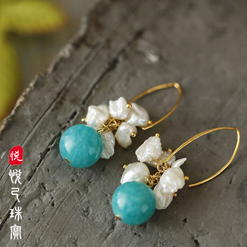 花开半夏/天然旺夫石天河石925纯银镀金耳环