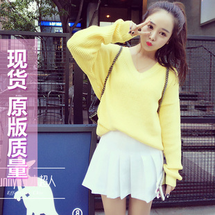 购买秋装新款甜美糖果色<em>宽松</em>V领<em>小毛衣</em>女套头