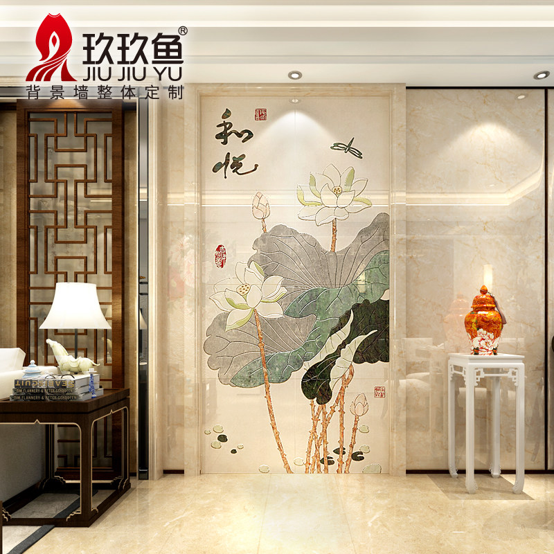 玖玖鱼 电视背景墙瓷砖中式水刀拼花玄关文化砖雕刻电视墙砖 和悦