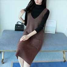 外搭女背心连衣裙 纯色宽松套头针织衫 毛衣马甲无袖 春季V领中长款
