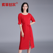 索菲丝尔2017夏季新款真丝连衣裙中长款时尚系带中长款桑蚕丝裙子图片