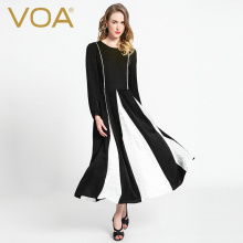 VOA撞色拼接真丝连衣裙女 长袖修身桑蚕丝大摆裙SlimElegantDress图片