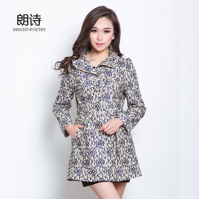 朗诗2015春装新款女装 钩花蕾丝女士修身长款风衣早春外套 qhc526