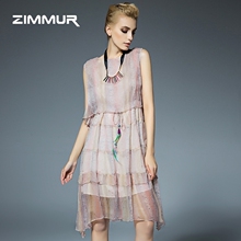 ZIMMUR2016夏季新款女装圆领无袖欧美时尚桑蚕丝印花真丝连衣裙夏图片