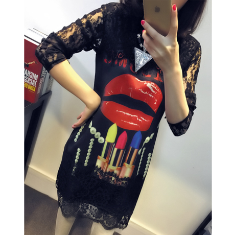 淘宝网购物-2015春装新款性感蕾丝袖嘴唇图连