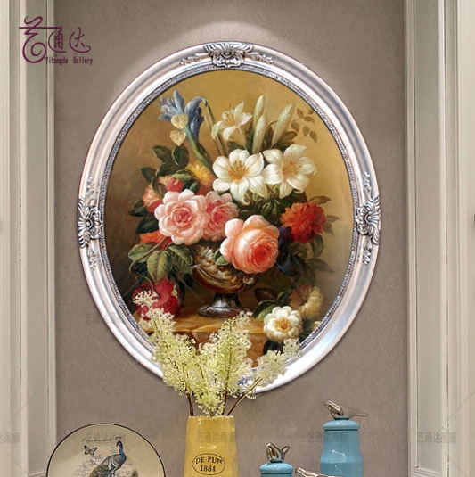 欧式花卉油画手绘客厅餐厅装饰画百合花家居玄关饰品椭圆形框壁画