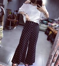 休闲松紧大脚裤 高腰阔腿长裤 扩腿黑色波点宽腿裤 薄款 女夏2017新款