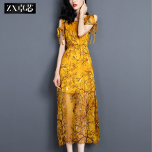 卓芯2017夏装新款真丝印花连衣裙女气质修身中长款复古优雅A字裙图片