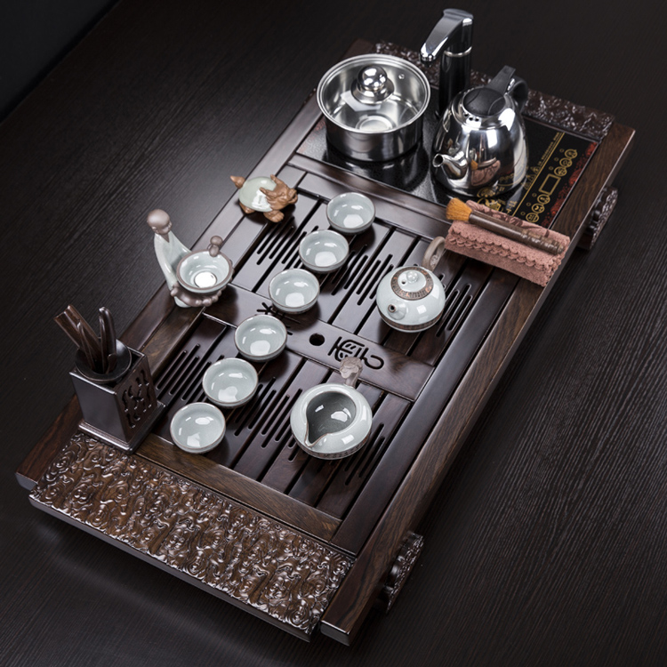 乌金石黑檀实木茶具茶盘功夫茶具套装四合一电热炉茶海高档