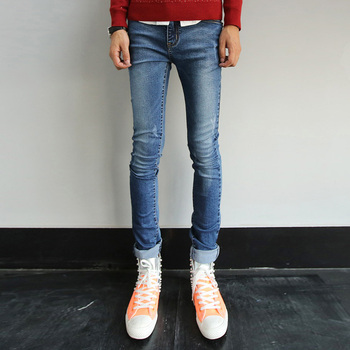 欧洲站走秀百搭男式紧身牛仔裤冬装弹力小脚铅