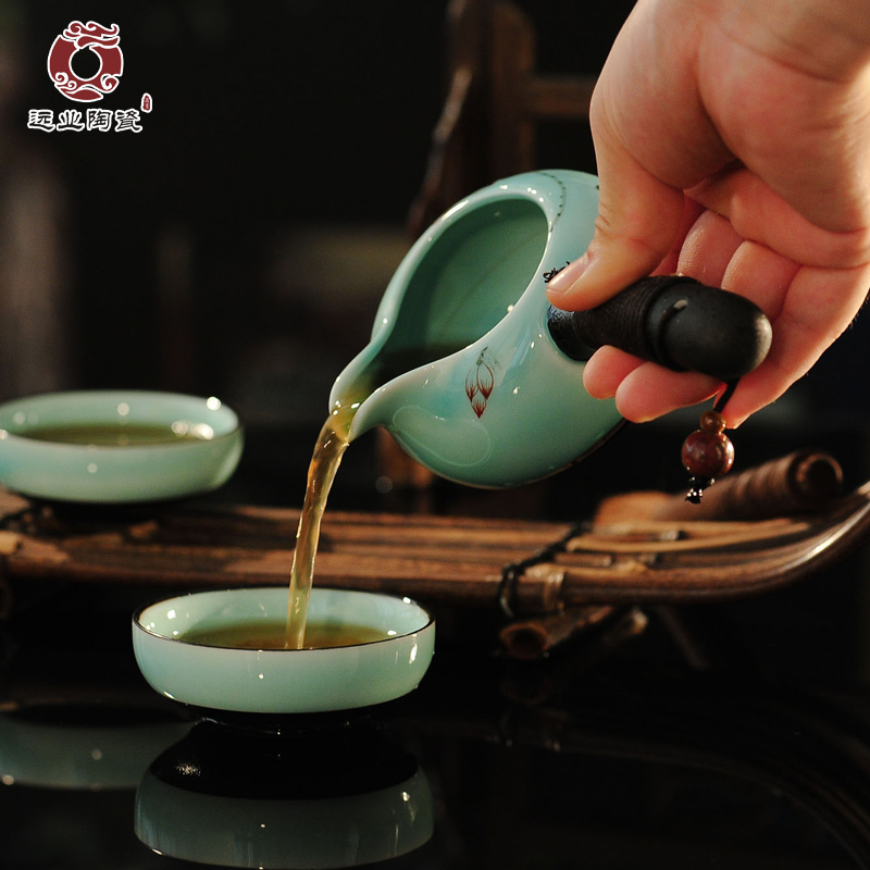 远业-景德镇高档手绘茶具套装 陶瓷功夫整套茶具 青青荷叶 侧把壶
