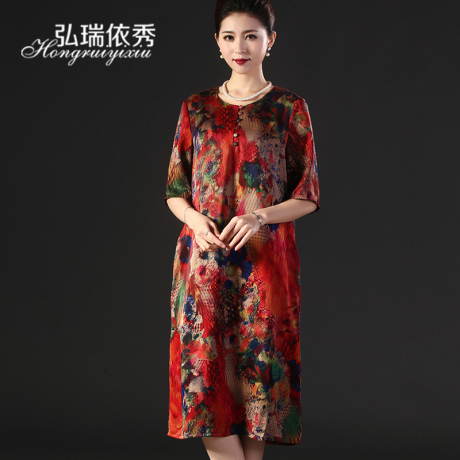 新品高档结婚妈妈装香云纱真丝连衣裙中老年女装半袖桑蚕丝裙子夏商品大图