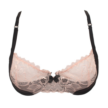 欧美外贸原单粉色蕾丝蝴蝶结超薄<em>文胸</em>性感内衣