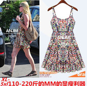 加肥大号欧美女装 胖mm碎花显瘦吊带连衣裙沙滩裙200斤5XL 加大码