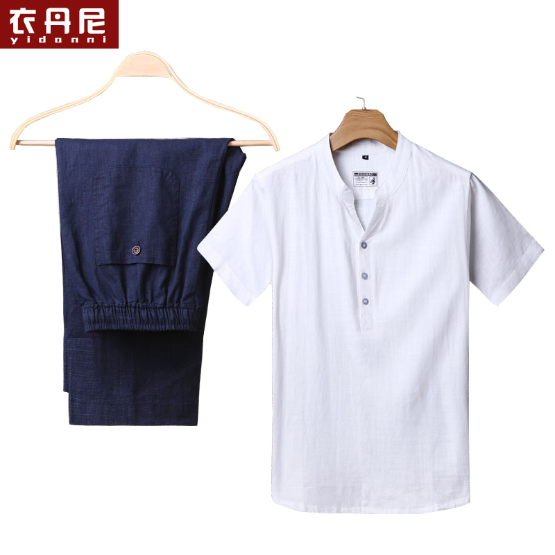 中国风男装亚麻短袖两件套套装复古唐装夏季男士棉麻t恤上衣+裤子图片