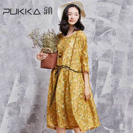 Pukka/蒲牌春夏装新款原创女装亚麻桑蚕丝真丝印花丝麻连衣裙商品大图