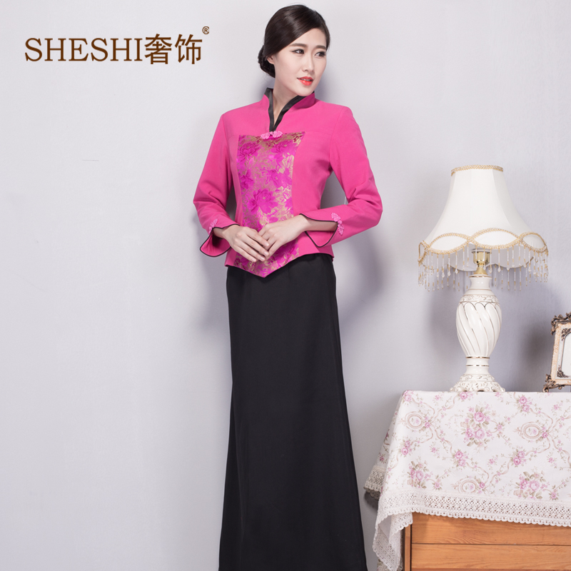 新款2016新款唐装女职业套装茶叶店女职业装定制秋装套裙长款裙子