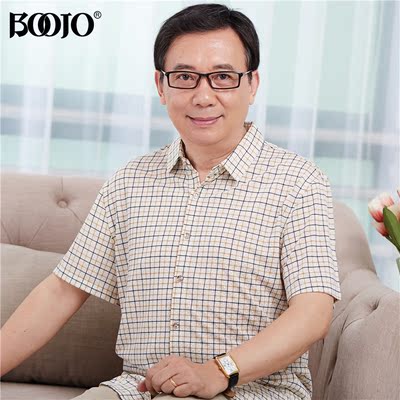 清仓特价 商务绅士 双丝光棉格子短袖衬衫 男士中年夏装 纯棉免烫宽松