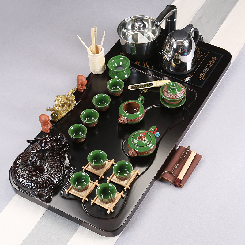 龙浔茶具套装特价整套紫砂冰裂功夫茶具四合一电热磁炉实木茶盘