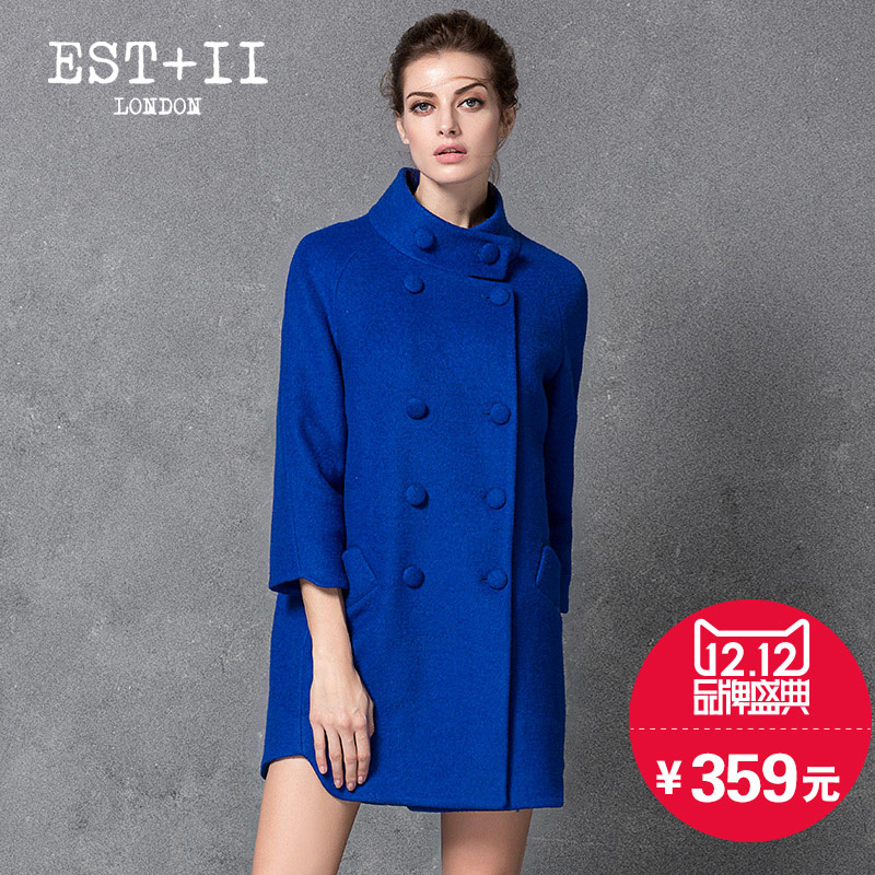 EST＋II/艺诗品牌2015秋冬新品韩版立领双排扣七分袖毛呢外套