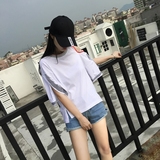 夏装韩版原宿风绑带漏肩开叉短袖T恤女学生百搭织带拼色圆领上衣