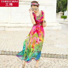三纬2019夏季新品V领印花波西米亚度假真丝连衣裙女修身显瘦长裙图片
