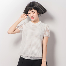 款2015韩版女装短袖雪纺衫中款蕾丝打底衫蕾