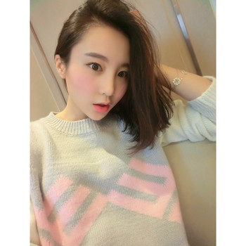 瑞丽甜美休闲风 粉色灰色拼接宽松<em>长版套头毛</em>
