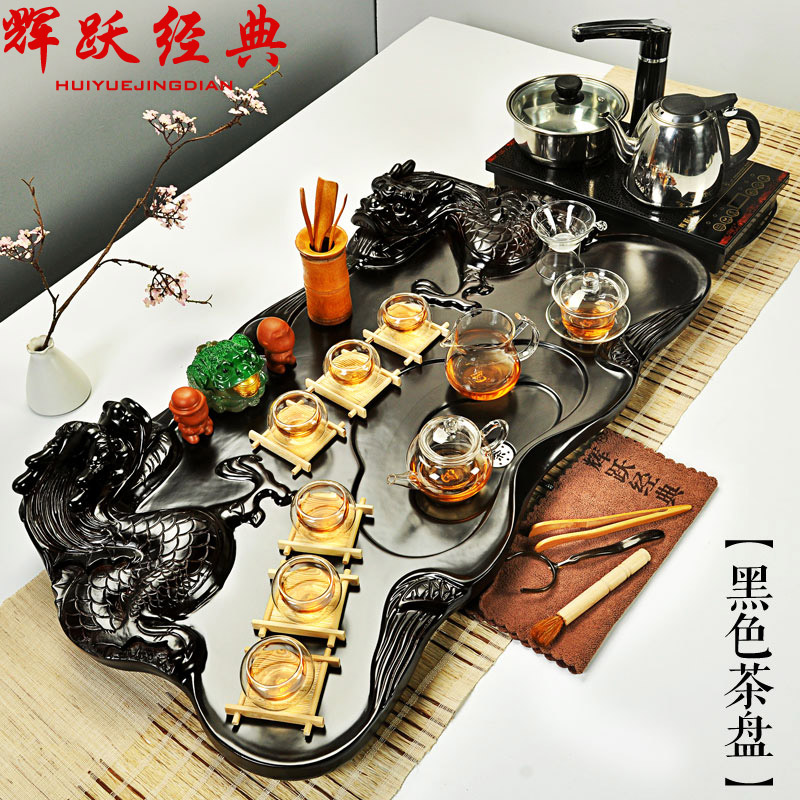 辉跃经典 汝窑功夫茶具实木茶盘茶海冰裂陶瓷整套电磁炉茶台套装